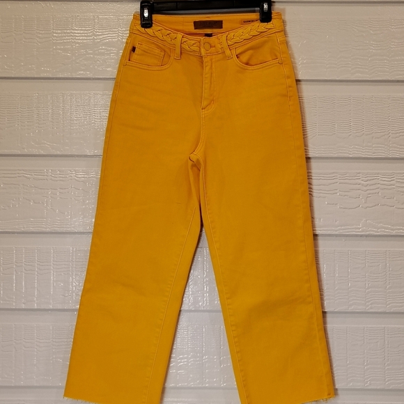 Judy Blue Denim - JUDY BLUE Bright Yellow Braided Waist Wide Cropped Denim Jeans SIZE 3/26 Artsy